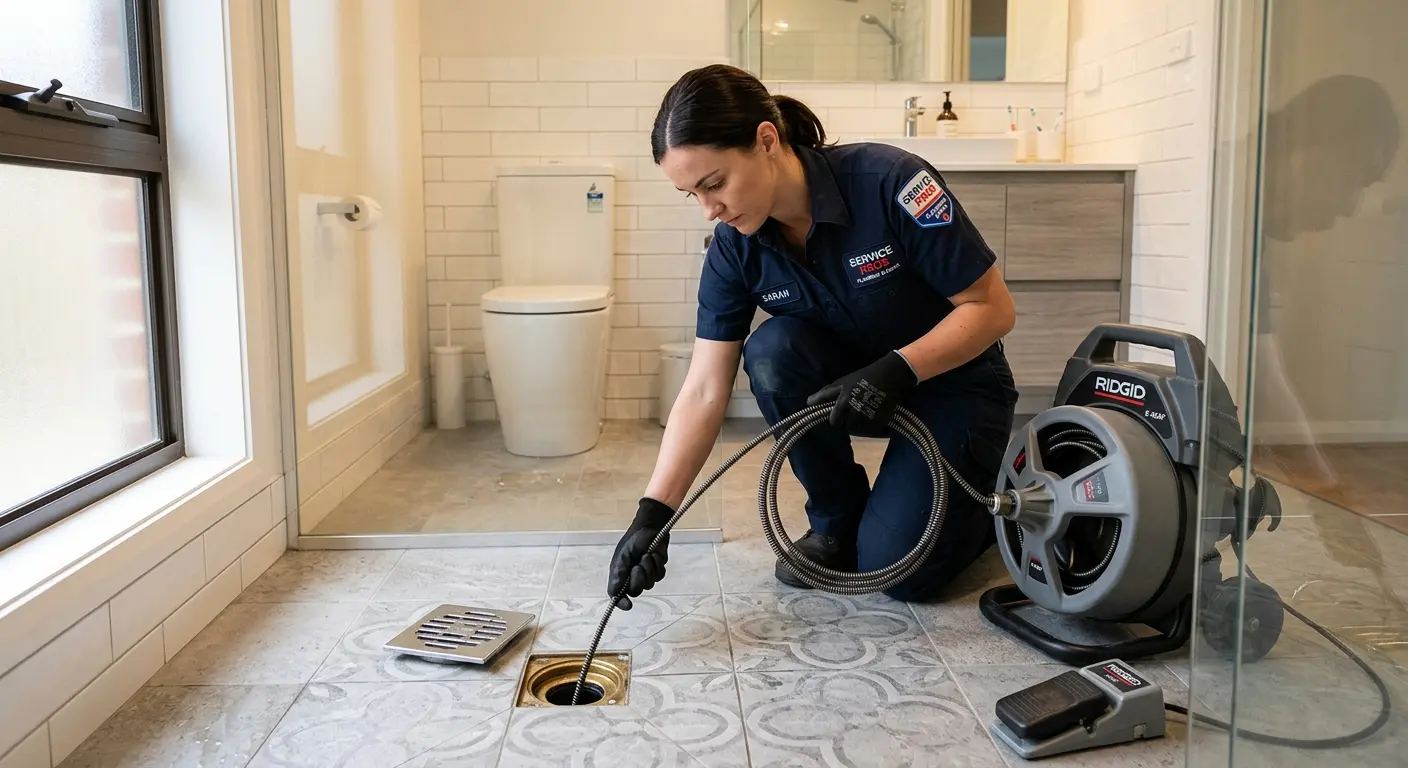 Technician clearing a bathroom floor drain for Clogged Drain Repair in Homewood